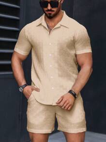 Manfinity Homme 2pcs/Set Men's Solid Color Short Sleeve Single Breasted Shirt & Shorts Casual Outfit - Khaki - View 4