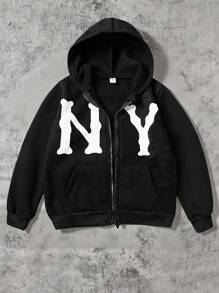 SHEIN Coolqubz 青少年男孩休閒字母圖案連帽衛衣，適合戶外秋季穿著 - 黑色 - 查看 7