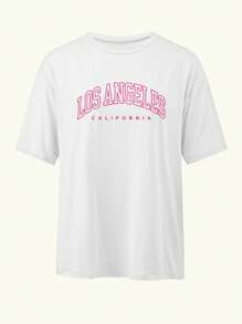 Los Angeles California Inspired Women Loose Fit Round Neck Casual Letter Graphic Print T-Shirt - White - View 3
