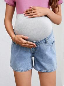 SHEIN Shorts vaqueros casuales para maternidad con cintura ajustable, bordado de lazo
