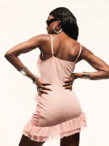 TypaGal Deep V Criss-Cross Pleated Loose Comfortable Drape Ultra-Mini Dress - Pink - View 7