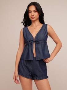 WESTFADE Débardeur en mélange de coton avec volants, col en V profond, nœud papillon devant, style bohème décontracté mignon, pour le rodéo de Nashville, style cowgirl western