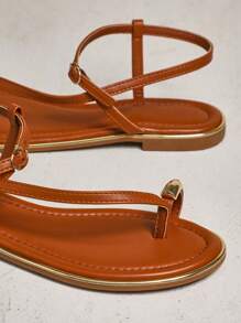 SHUZIA Women's Fashionable & Comfortable Gold Toe Ring Flat Sandals For Daily Wear & Vacation - Coffee Brown - View 3
