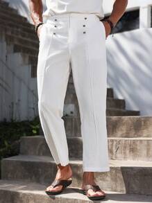 Manfinity Homme Men's Cotton Linen Button Front Pocket Casual Pants - White - View 3