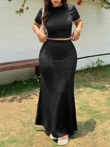 SHEIN EZwear 2 件套大码女式短袖圆领 T 恤和裤子休闲套装夏季 - 黑色 - 查看 3