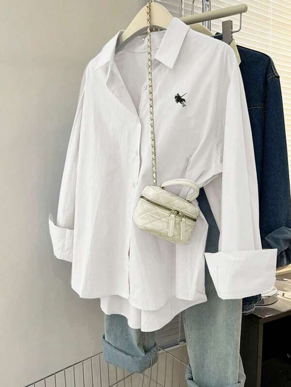 Plus Size Women Embroidered Front Button Long Sleeve Casual Commute Shirt