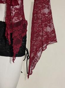 SHEIN ICON Y2k Women's Western Country Concert Boho Hippie Goth Sheer Burgundy Sexy Lace Twist Front Long Sleeve Cardigan - Burgundy - View 6