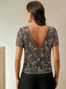 Anewsta 女式现代奢华圆领露背铆钉网眼套头衫串珠细节上衣，适合夏季、节日、优雅、假日、度假、休闲 - 灰色 - 查看 2