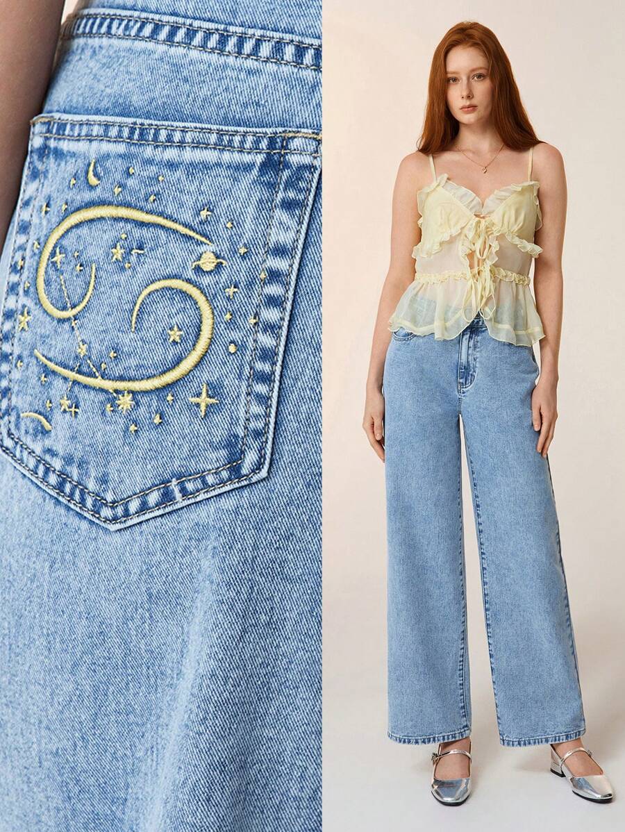 Selenza 女士休闲牛仔裤，精工牛仔，金色刺绣，十二星座系列，巨蟹座，温柔真挚，星空图案，治愈系 - 藍色 - 查看 1