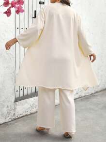 EMERY ROSE Plus Size Women Solid Color Elegant Short Sleeve 2-Piece Set, For Party And Everyday Wear - Apricot - View 2