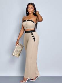 SOLERSUN Bộ áo crop top và quần ống rộng trang trí nút màu cho nữ - Màu be - Xem 5