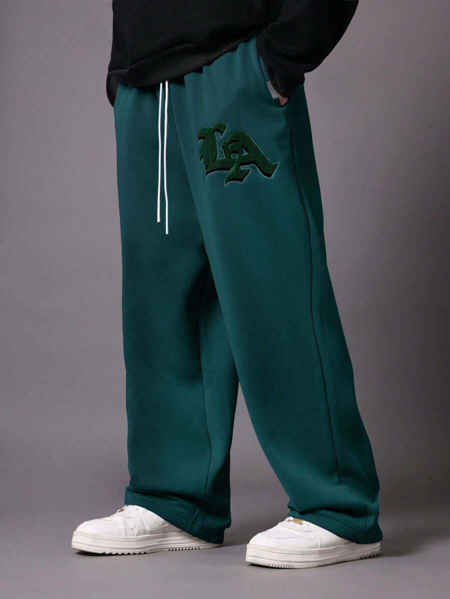 SUMWON 低裆慢跑运动裤天鹅绒贴片徽标刺绣运动家居服休闲街头风格修身阔腿宽松舒适 - 墨綠色 - 查看 1