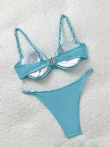 Soleia 军绿色纹理胸杯荷叶边编织拼接比基尼套装，度假装