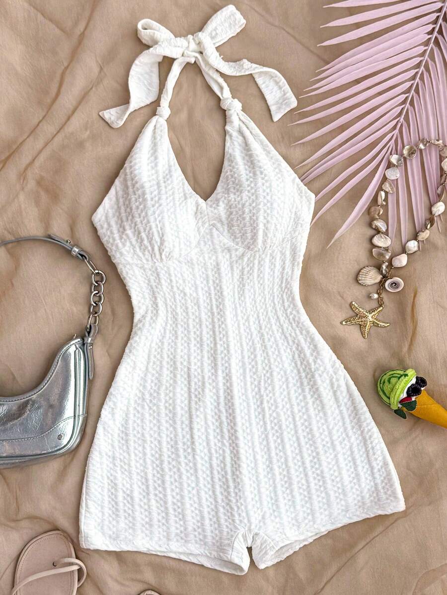 SHEIN Mono con cuello de halter de tela arrugada de punto blanca para chicas adolescentes, ajustada y adecuada para vacaciones, fiestas, Día de San Valentín, que se puede usar como ropa interior o exterior