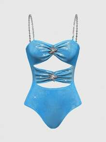 ROMWE Fairycore Women's Mermaid Vacation Style Metallic Star Decor Hollow-Out Shiny Fabric Jumpsuit - Blue - View 1