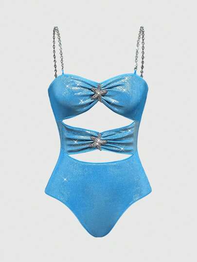 Fairycore Combinaison pour femmes de style vacances sirène avec décor métallique d'étoiles, effet ajouré et tissu brillant