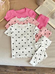 SHEIN LMoss Kids 6件套女婴舒适亲肤心形图案荷叶边圆领短袖睡衣套装（含裤子）