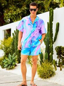 Manfinity Swimmode Camisa de Manga Curta com Estampa Tie Dye e Shorts, Traje de Praia Havaiano, para Homens