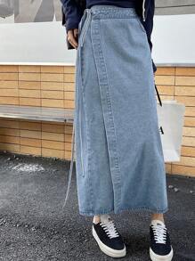 DAZY 女士侧边打结裹身长款休闲牛仔裙 - 淺藍色 - 查看 4