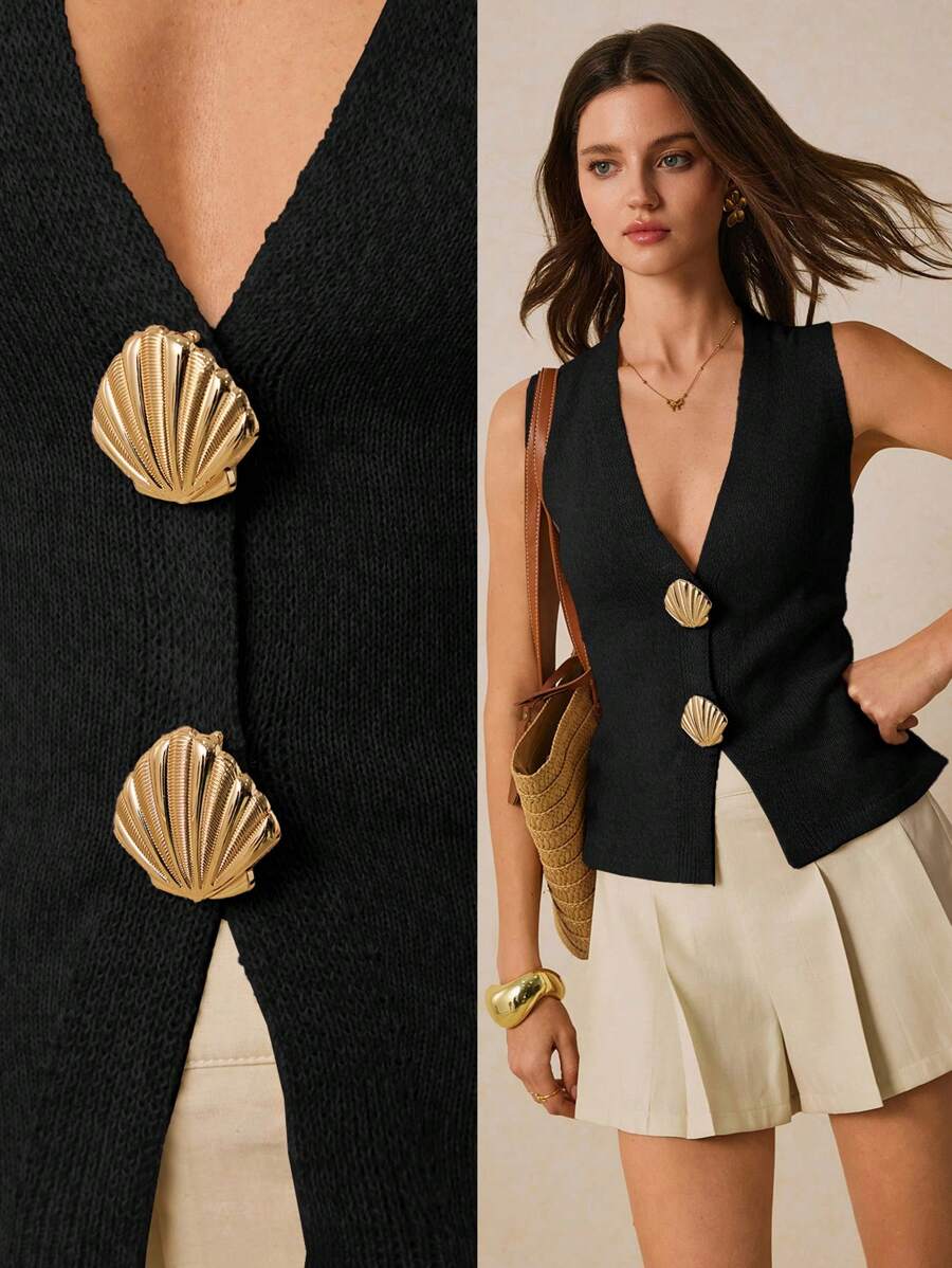 Poéselle Women's Solid Color V-Neck Shell Button Front Sleeveless Thin Cardigan - Black - View 1