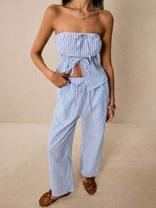 Poéselle 2件套女士条纹前系带抹胸上衣和裤子，休闲 - 藍白色 - 查看 3