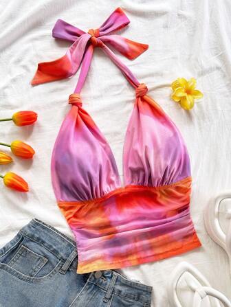 Soleia Femmes Camisole romantique et froncée avec imprimé abstrait coloré tie-dye, à col en V, nœud papillon, en mailles tricotées. Convient pour les sorties, les soirées sexy, la plage, la croisière, le carnaval, le thé de l'après-midi