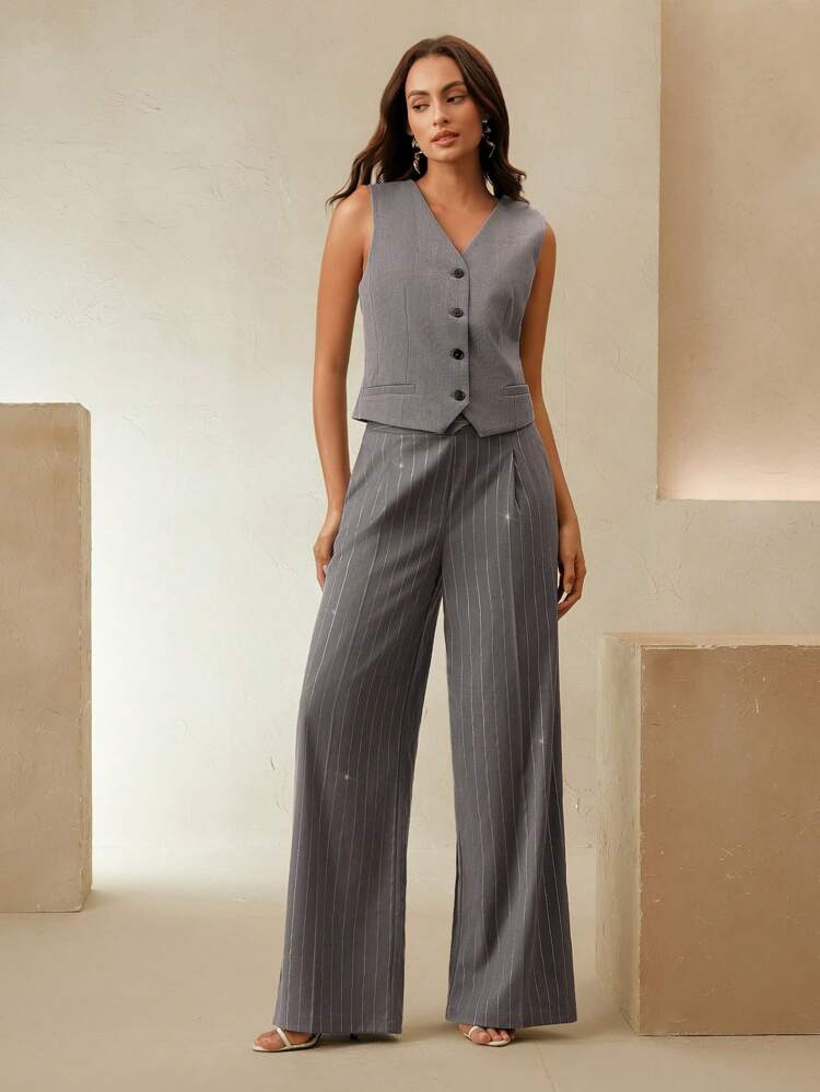 Women's Solid Color Striped Pants, Fashionable For Summer