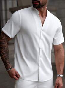 Manfinity CasualCool Camisa casual de manga corta de un solo abotonadura y unicolor para hombre de talla grande para el verano - Blanco - Ver 3