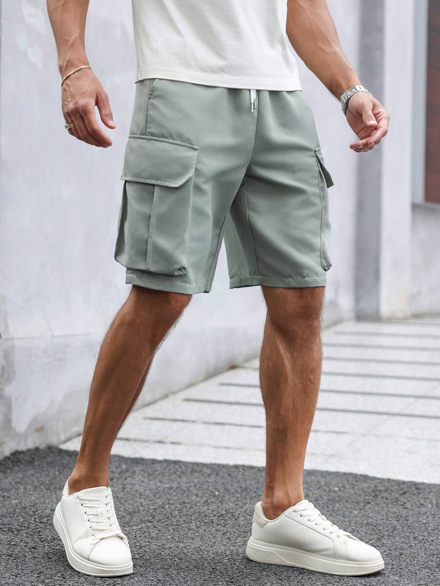 Manfinity Homme Men's Solid Color Drawstring Pocket Casual Cargo Shorts, Summer