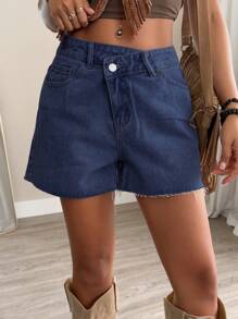 DAZY Women's Slant Edge Waist Fringe Street Fashion Casual Denim Shorts, Summer Low Rise Jeans