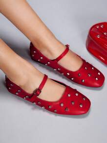 Cuccoo CUCCOO GRLICON Zapatos planos con correa de hebilla de rhinestone, corte en V y punta cuadrada, para estilo de motocicleta y calle, atuendo de verano para mujeres