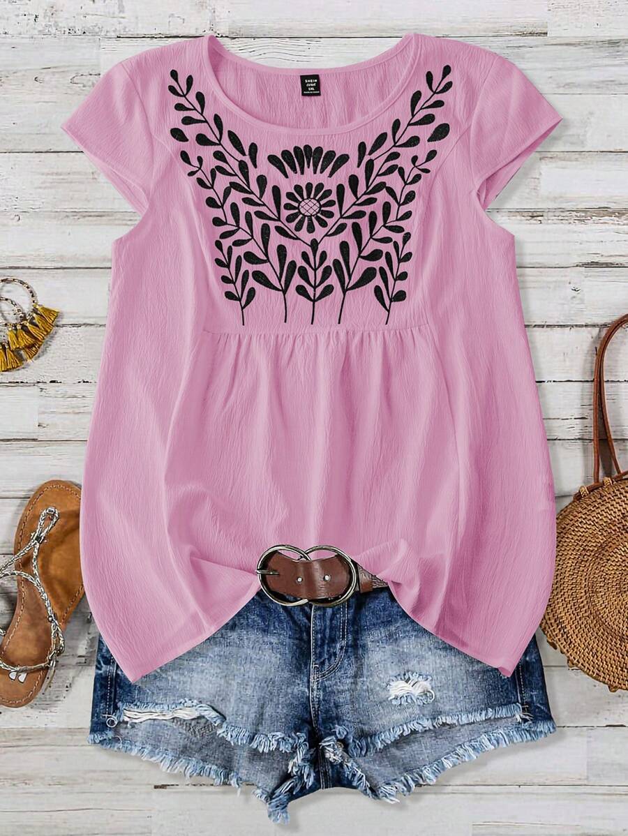 Linhara Plus Size Women Floral Embroidered Round Neck Cap Sleeve Casual Blouse, For Vacation - Pink - View 1