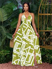 Women Casual Holiday Deep V Neck Backless Ruched Split Thigh Maxi Dress With Botanical Print