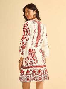 CAJUNI Women's Boho Tropical Holiday Plant Coconut Tree Red Print, Detachable Collar 3/4 Puffy Sleeve Mini Dress - Multicolor - View 2