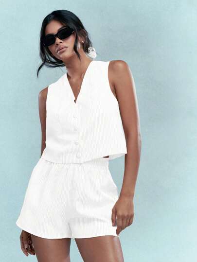 MISSGUIDED 夏季马甲套装条纹纽扣前无袖上衣搭配高腰短裤两件套度假装