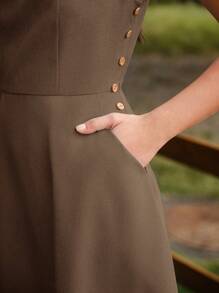 Vintamour 复古优雅女式连衣裙，带口袋纽扣，休闲度假，女士夏季服装，女士度假服装，浪漫连衣裙，女士夏季连衣裙，女士沙滩服装，90 年代服装，女士连衣裙，优雅夏装，女士春季服装，女士春季连衣裙，女士连衣裙，夏季度假连衣裙，沙滩连衣裙，女士太阳裙，蓝色连衣裙，女士复活节连衣裙，女士夏季服装，女士绿色连衣裙 - 棕色 - 查看 7