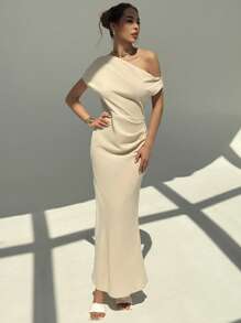 Aloruh Minimalist Commuting Office Outfit Apricot Midi Dress With Shoulder Pleating, Spring/Summer - Apricot - View 5