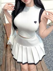 Modelyn 2pcs/Set Women Heart Embroidery Fitted Camisole And Pleated Mini Skirt Set