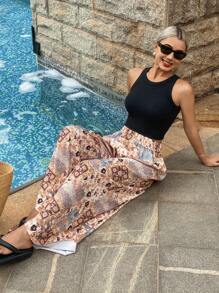 Livesso 波西米亚复古高腰喇叭腿阔腿裤 - 棕色 - 查看 6