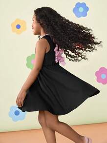 Vestido ajustado de cuello redondo sin mangas de unicolor para niña joven - Negro - Ver 5