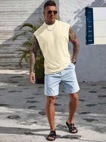 Manfinity Homme Men's Solid Color Textured Fabric Round Neck Casual Tank Top - Beige - View 6