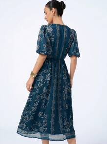 Aveloria Modichic Retro Style Chiffon Puff Sleeve Round Neck Single Breasted Dress - Dark Green - View 2