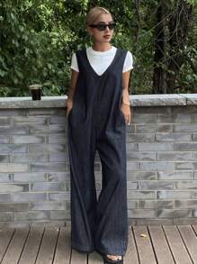 DAZY 女式深V领牛仔背带裤，休闲街头风格连体裤