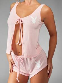 Missguided x Playboy 圣诞罗纹系带背心和短裤家居服套装 - 粉色 - 查看 1