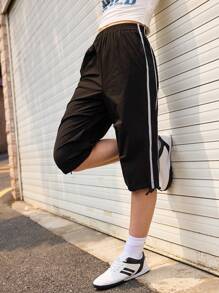 SHEIN Sports 女士松紧腰侧条纹宽松短款休闲运动裤 - 黑色 - 查看 5