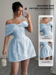 Rafferiza 女式可爱蝴蝶结露肩连衣裙，女式高腰修身提花面料连衣裙，粉色 - 藍色 - 查看 7