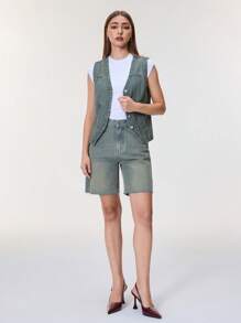 SHEIN BAE Áo khoác denim cổ chữ V cài một hàng khuy đơn giản cho nữ - Rửa nhẹ - Xem 6