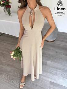 Siren Gaze Đầm mùa hè màu trơn chất liệu vải lanh pha, đầm thường ngày thanh lịch, đầm dự tiệc thắt nơ, đầm dự tiệc trang trọng cho nữ, đầm dài mùa hè cho nữ, đầm sinh nhật, đầm công sở, đầm thường ngày cho nữ, quần áo nữ, đầm sinh nhật mùa hè, đầm dạ hội sang trọng - Màu be - Xem 3