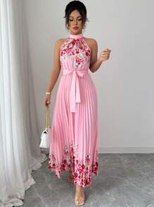 Elenzga Women's Summer Elegant Floral Loose-Fitting Halter Dress - Pink - View 5