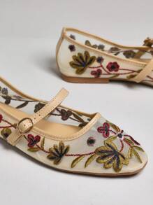 SHUZIA Fashionable Floral Nude Embroidered Mary Jane Buckle Strap Round Top Versatile Comfort Fit Office